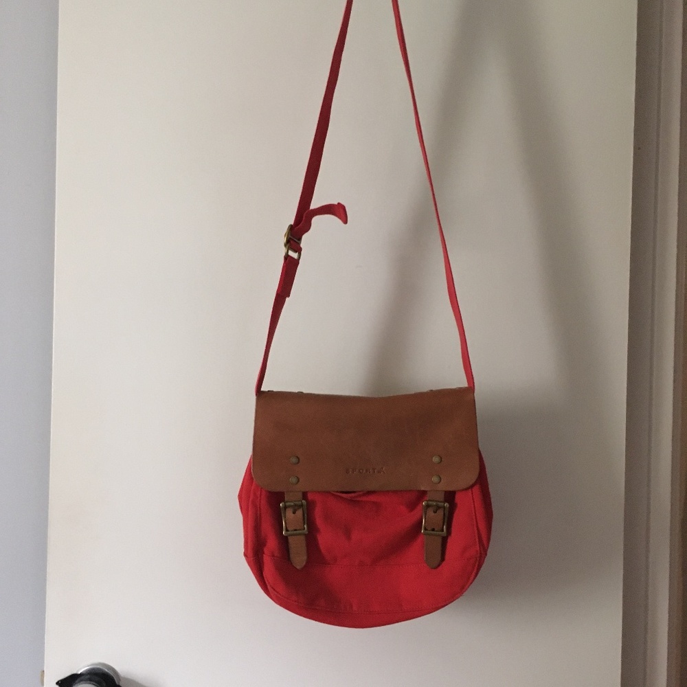 AGNES B Red Canvas + Tan Tanned Leather Flap Crossbody Bag